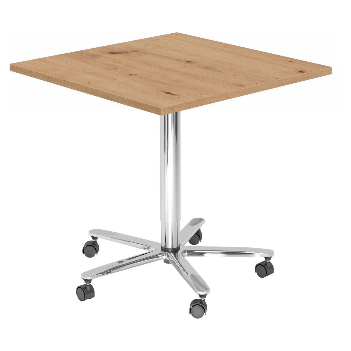 Sistema tavolo da conferenza BISTRO 88Q C con piano quadrato in rovere nodoso e base a stella cromata su ruote di hjh OFFICE PRO