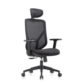 Sedia Home Office BLACORE in nero con schienale in rete, poggiatesta e braccioli di MyBuero