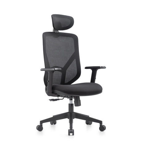Sedia Home Office BLACORE in nero con schienale in rete, poggiatesta e braccioli di MyBuero