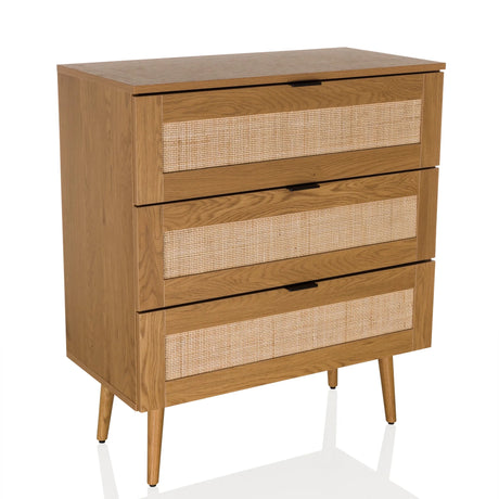 Cassettiera BOHEO K in rovere con tre cassetti e frontali in paglia di Vienna di hjh LIVING