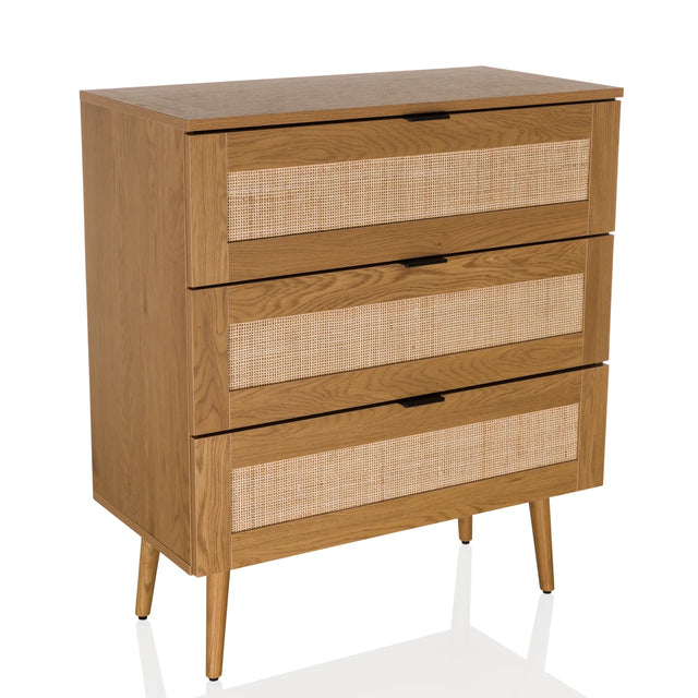 Cassettiera BOHEO K in rovere con tre cassetti e frontali in paglia di Vienna di hjh LIVING