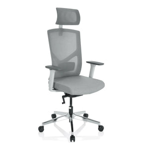 Sedia da ufficio professionale BRETON PRO W in grigio con schienale in rete, poggiatesta e base a stella argentata di hjh OFFICE