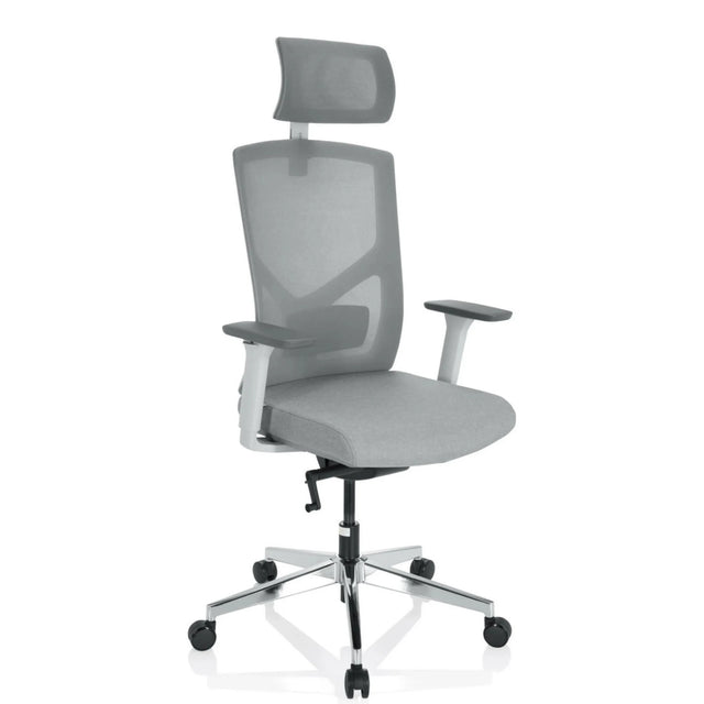 Sedia da ufficio professionale BRETON PRO W in grigio con schienale in rete, poggiatesta e base a stella argentata di hjh OFFICE