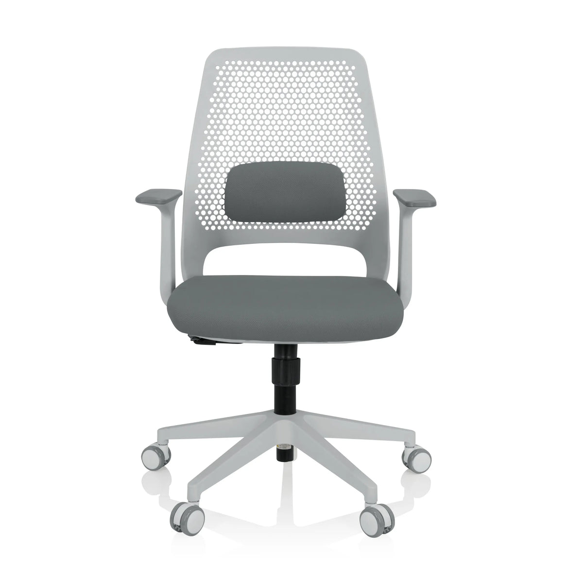 Sedia Home Office PARFERIO W grigia con schienale in rete e base a cinque ruote di hjh OFFICE – vista a 360° (vista frontale 0°)