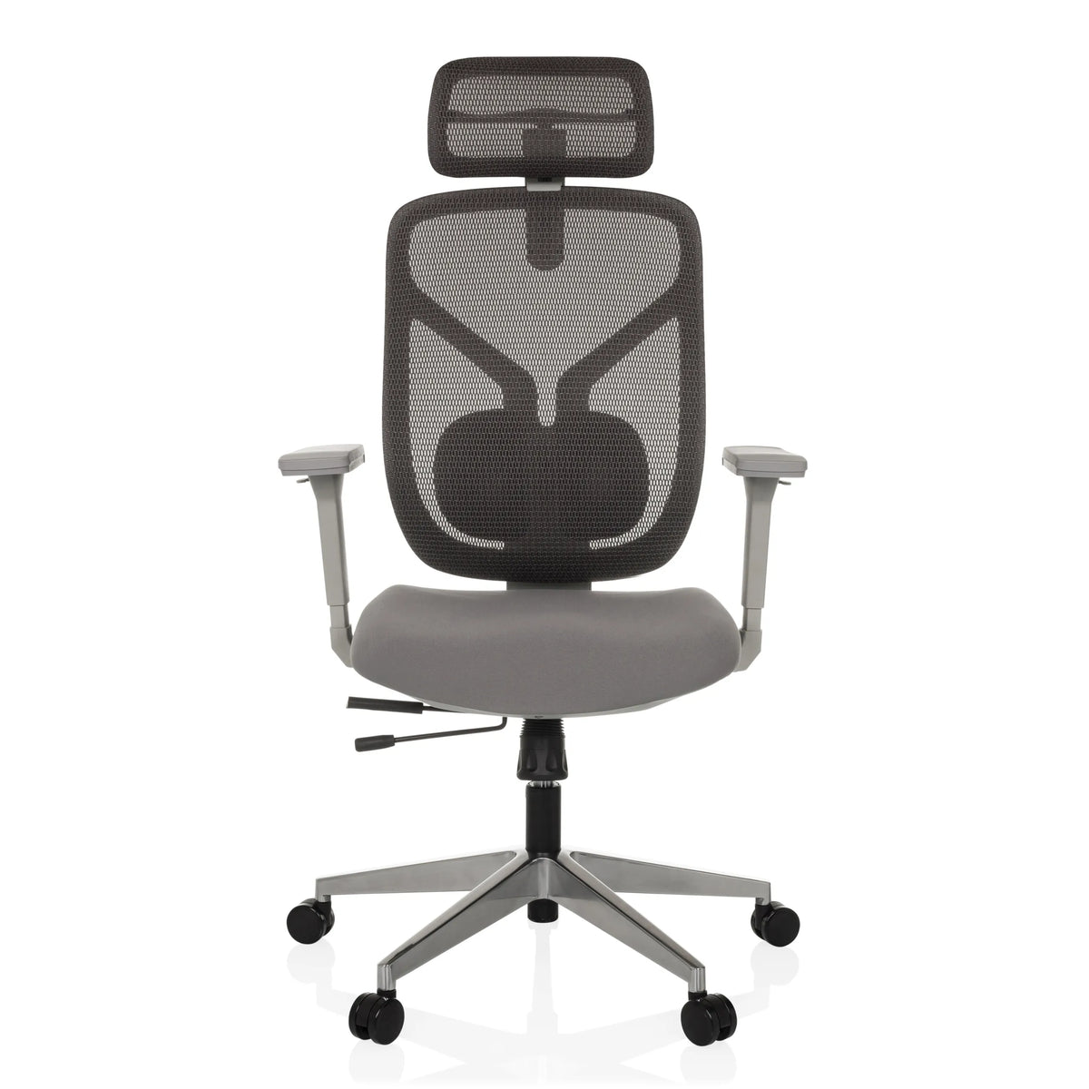 High-end Sedia da ufficio CASSILIS W grigia con schienale in rete e base a cinque ruote di hjh OFFICE – vista a 360° (vista frontale 0°)