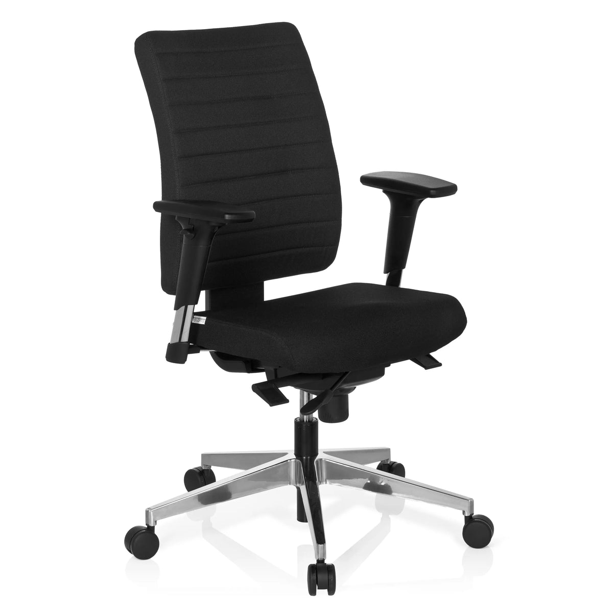 Sedia da ufficio professionale PRO-TEC 350 nera con braccioli e base argentata a cinque ruote di hjh OFFICE – vista a 360° (vista frontale a tre quarti 40°)