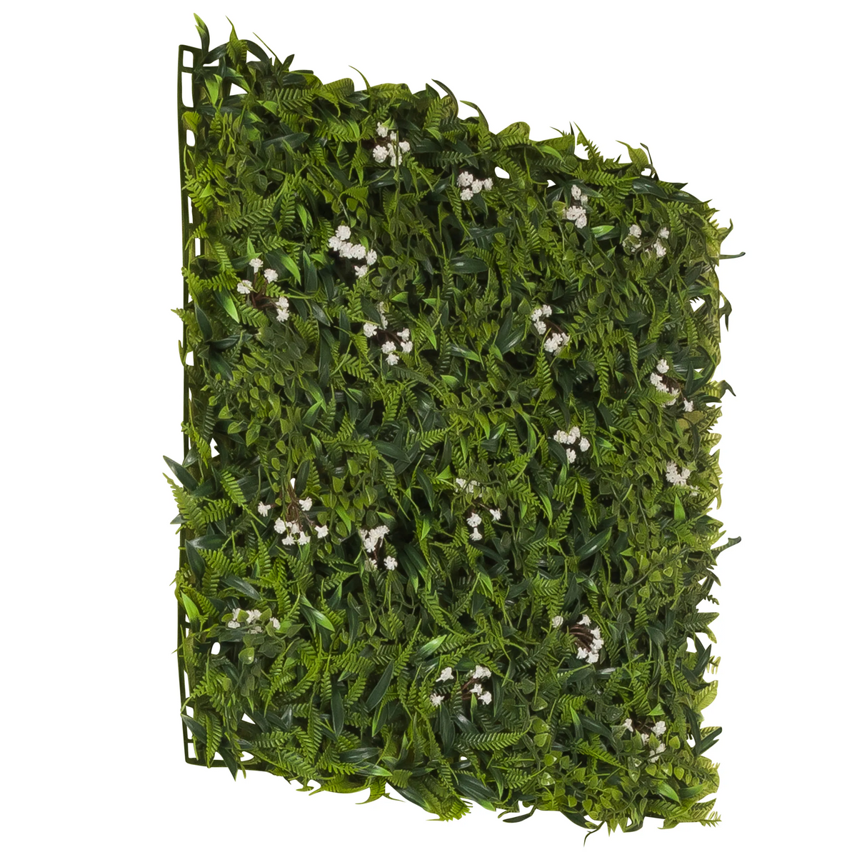 Pannello vegetale verde MORE GREEN I con foglie di felce e piccoli fiori bianchi di hjh OFFICE – vista a 360° (vista posteriore a tre quarti 240°)