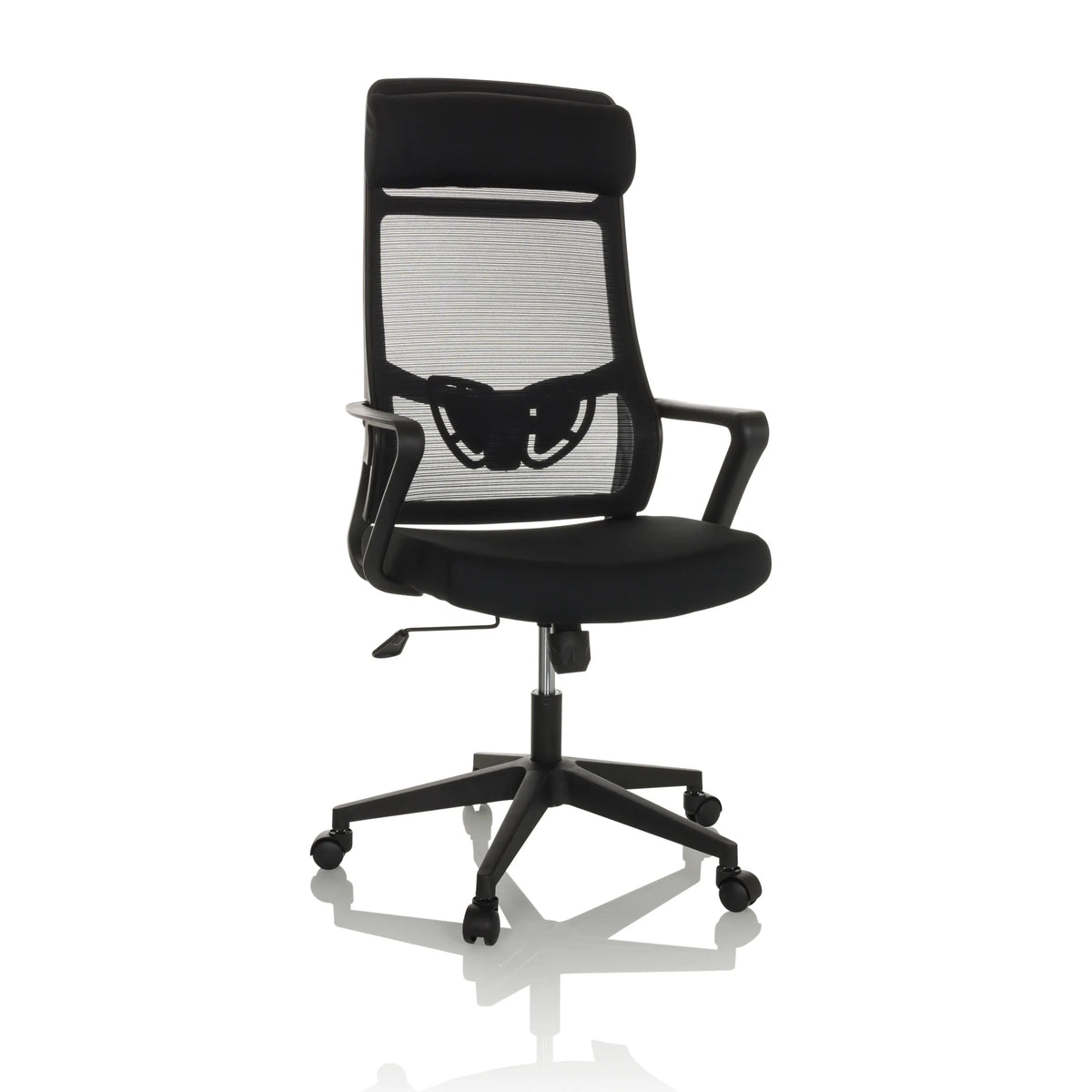 Sedia Home Office NEKEO nera con schienale in rete e base a cinque ruote di hjh OFFICE – vista a 360° (vista frontale 15°)