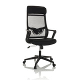 Sedia Home Office NEKEO nera con schienale in rete e base a cinque ruote di hjh OFFICE – vista a 360° (vista frontale 15°)