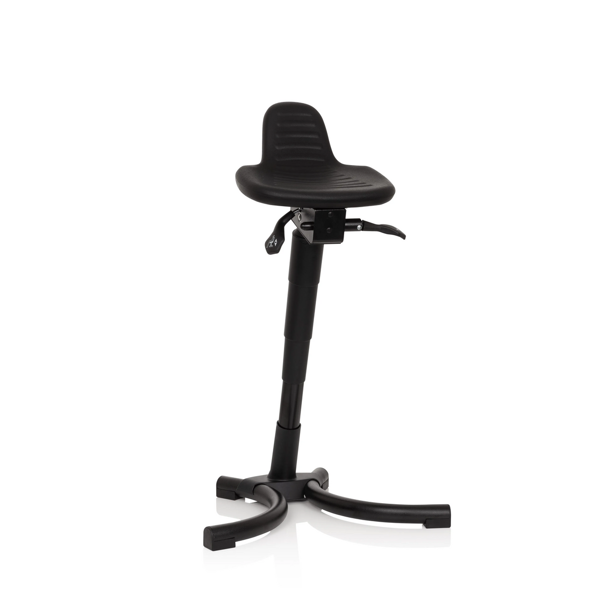 Schwarze Stehhilfe TOP WORK 34 mit Sitzfläche, Rückenlehne und vierfußigem Standfuß von hjh OFFICE – 360-Grad-Ansicht (Frontansicht 20°)