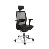 Poltrona di lusso SENATOR PRO nera con schienale in rete, poggiatesta e base a cinque ruote di hjh OFFICE – vista a 360° (vista frontale a tre quarti 40°)