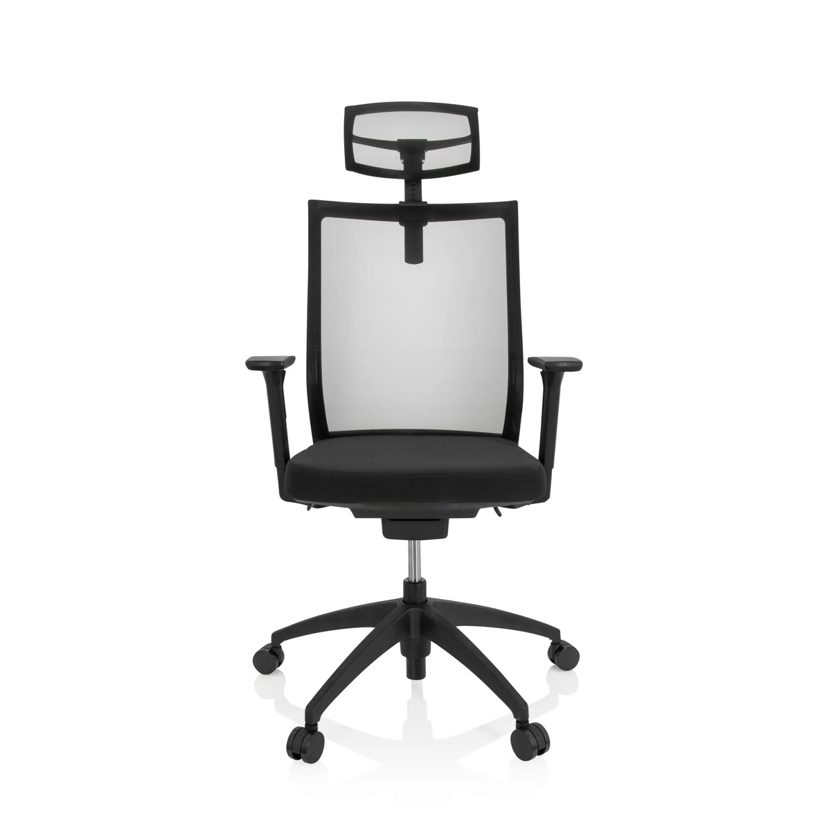 Sedia da ufficio professionale ASPEN PRO nera con schienale in rete, poggiatesta e base a cinque ruote di hjh OFFICE – vista a 360° (vista frontale 0°)