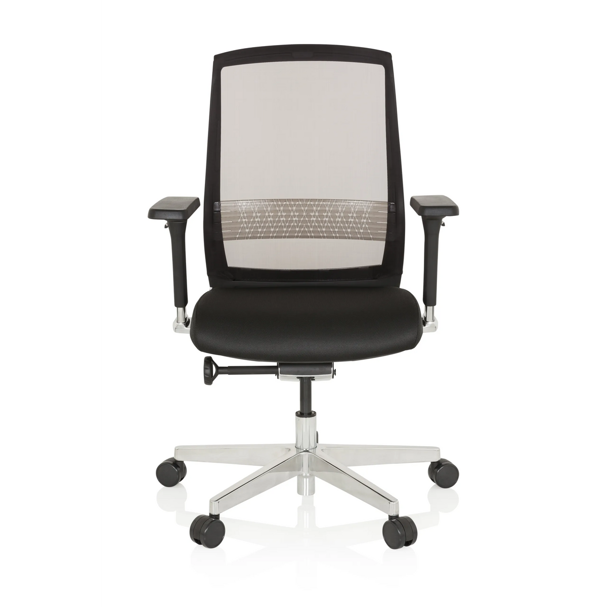 High-end Sedia da ufficio FOUNTAINE nera con schienale in rete e base a cinque ruote di hjh OFFICE – vista a 360° (vista frontale 0°)