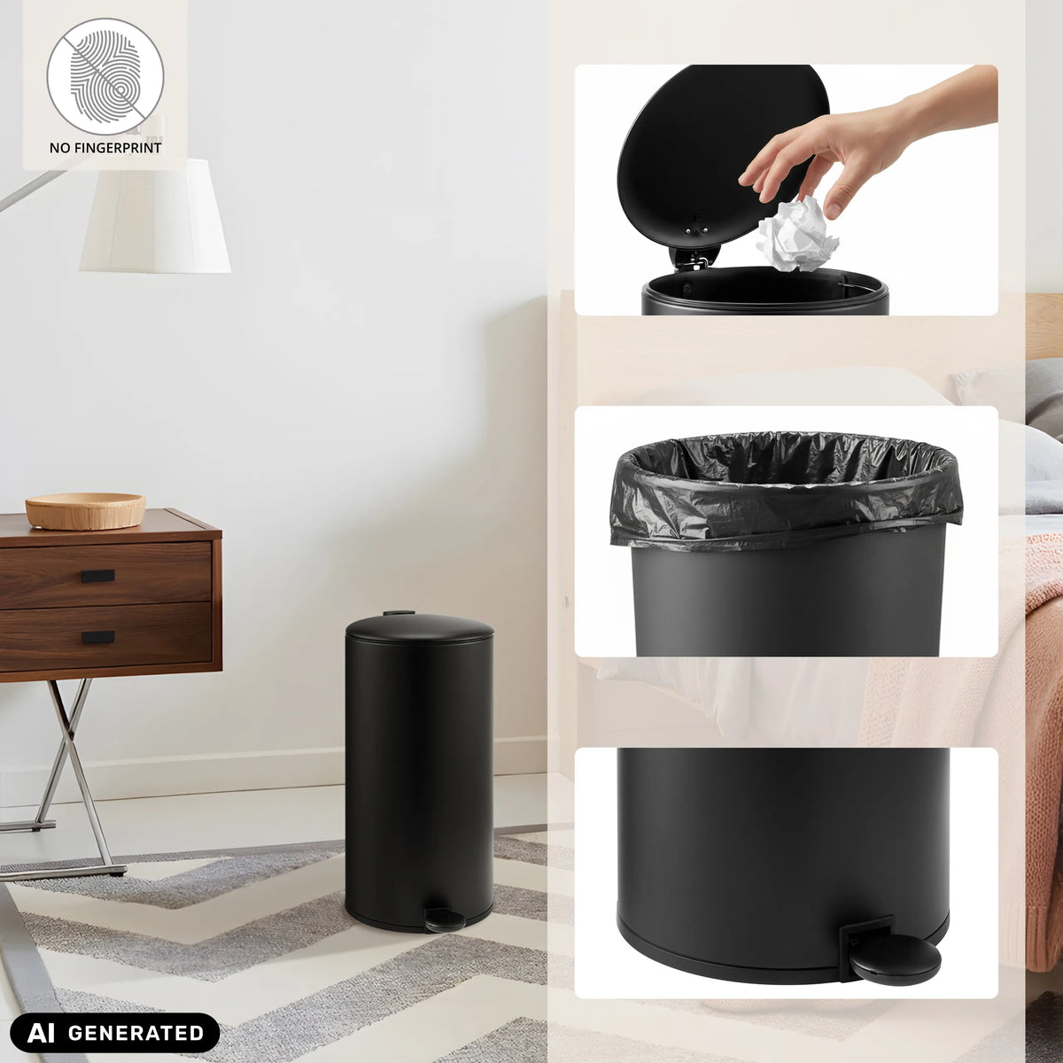 Cestino CLEAN STEP 2 nero con coperchio, sacchetto per rifiuti e pedale di hjh OFFICE (immagine generata dall’IA)