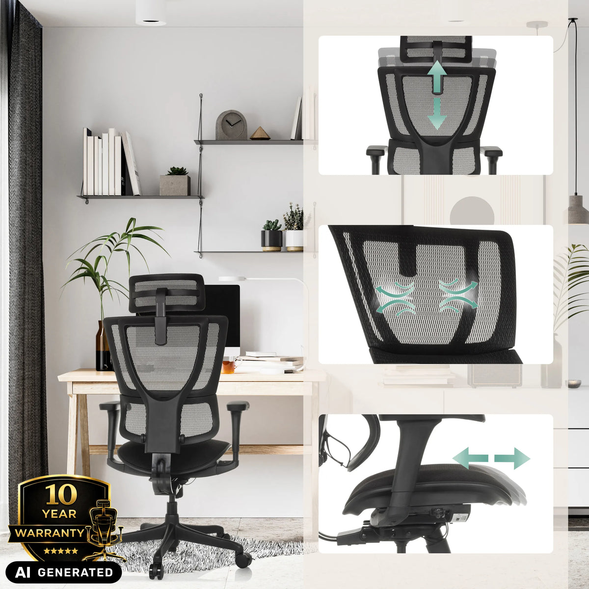 Funzioni regolabili della poltrona di lusso ERGOHUMAN SLIM ECO F GEN2 in nero di hjh OFFICE (immagine generata dall’IA)