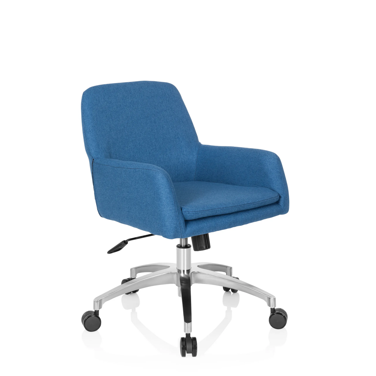 Sedia Home Office SHAKE 400 blu con braccioli e base a cinque ruote di hjh OFFICE – vista a 360° (vista frontale a tre quarti 40°)