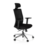 Poltrona professionale CAPTIVA nera con schienale in rete, poggiatesta e base a cinque ruote di hjh OFFICE – vista a 360° (vista frontale a tre quarti 60°)