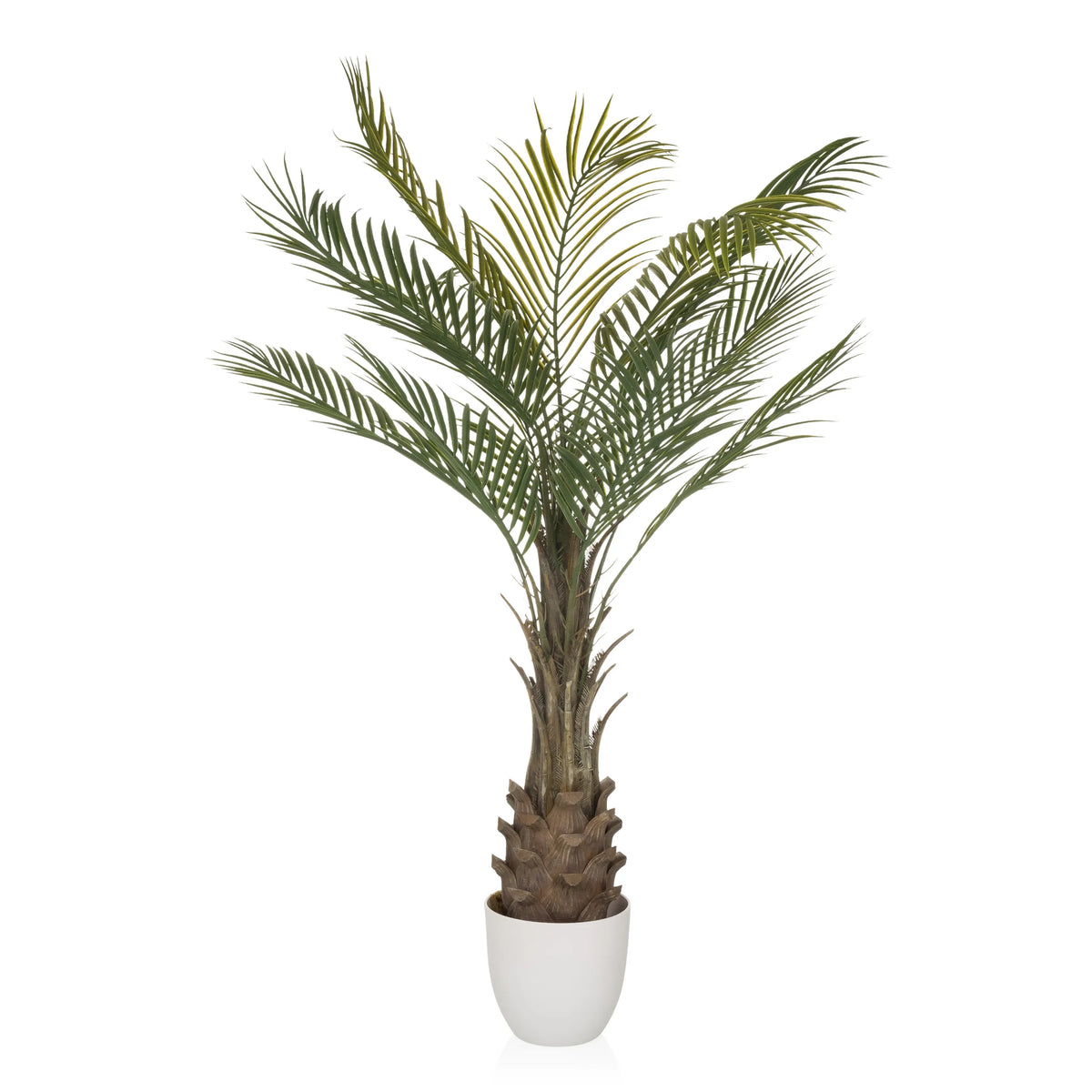 Grüne Kunstpflanze DRACAENA in Form einer Palme mit weißem Übertopf von hjh OFFICE – 360-Grad-Ansicht (Seitenprofil 90°)