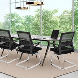 Tre sedie a sbalzo INVENTOR V nere con schienale in rete e base a slitta in metallo di hjh OFFICE