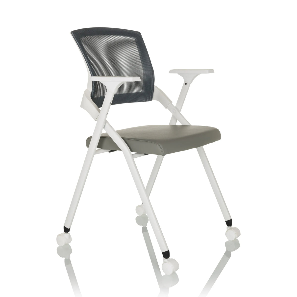 Sedia pieghevole PRIORITY II W PU grigia con schienale in rete, braccioli e ruote di hjh OFFICE – vista a 360° (vista frontale a tre quarti 45°)