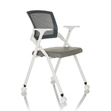 Sedia pieghevole PRIORITY II W PU grigia con schienale in rete, braccioli e ruote di hjh OFFICE – vista a 360° (vista frontale a tre quarti 45°)