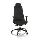 Sedia da ufficio professionale YUCANO nera con schienale in rete, poggiatesta e base a cinque ruote di hjh OFFICE – vista a 360° (vista frontale 15°)