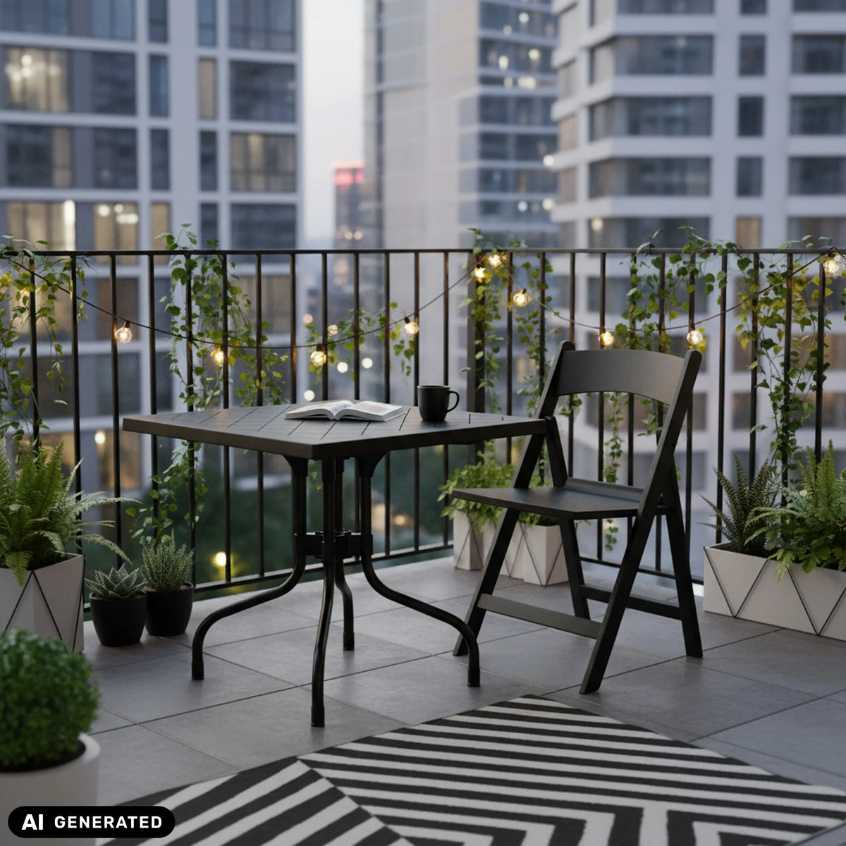 Tavolo pieghevole TRAVANO T1 nero di 79 × 79 cm su un balcone di hjh LIVING (immagine generata dall’IA)