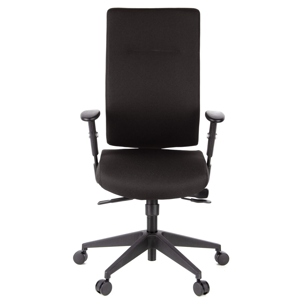 Schwarzer Profi-Bürostuhl PRO-TEC 300 mit Armlehnen und einem Fußkreuz mit fünf Rollen von hjh OFFICE – 360-Grad-Ansicht (Frontansicht 0°)
