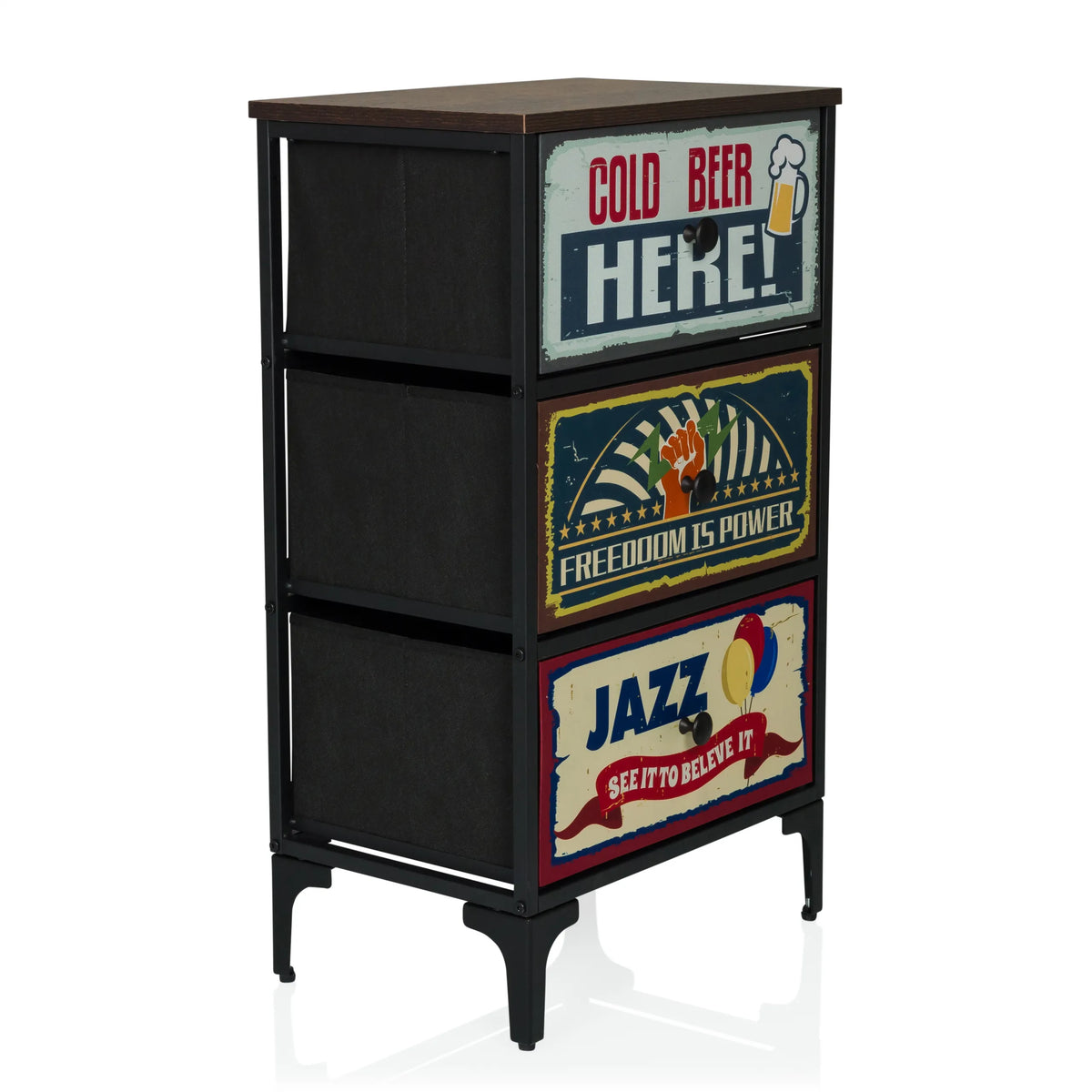 Cassettiera AMERIKO S con tre cassetti decorati in stile vintage e struttura nera di hjh LIVING – vista a 360° (vista frontale a tre quarti 45°)