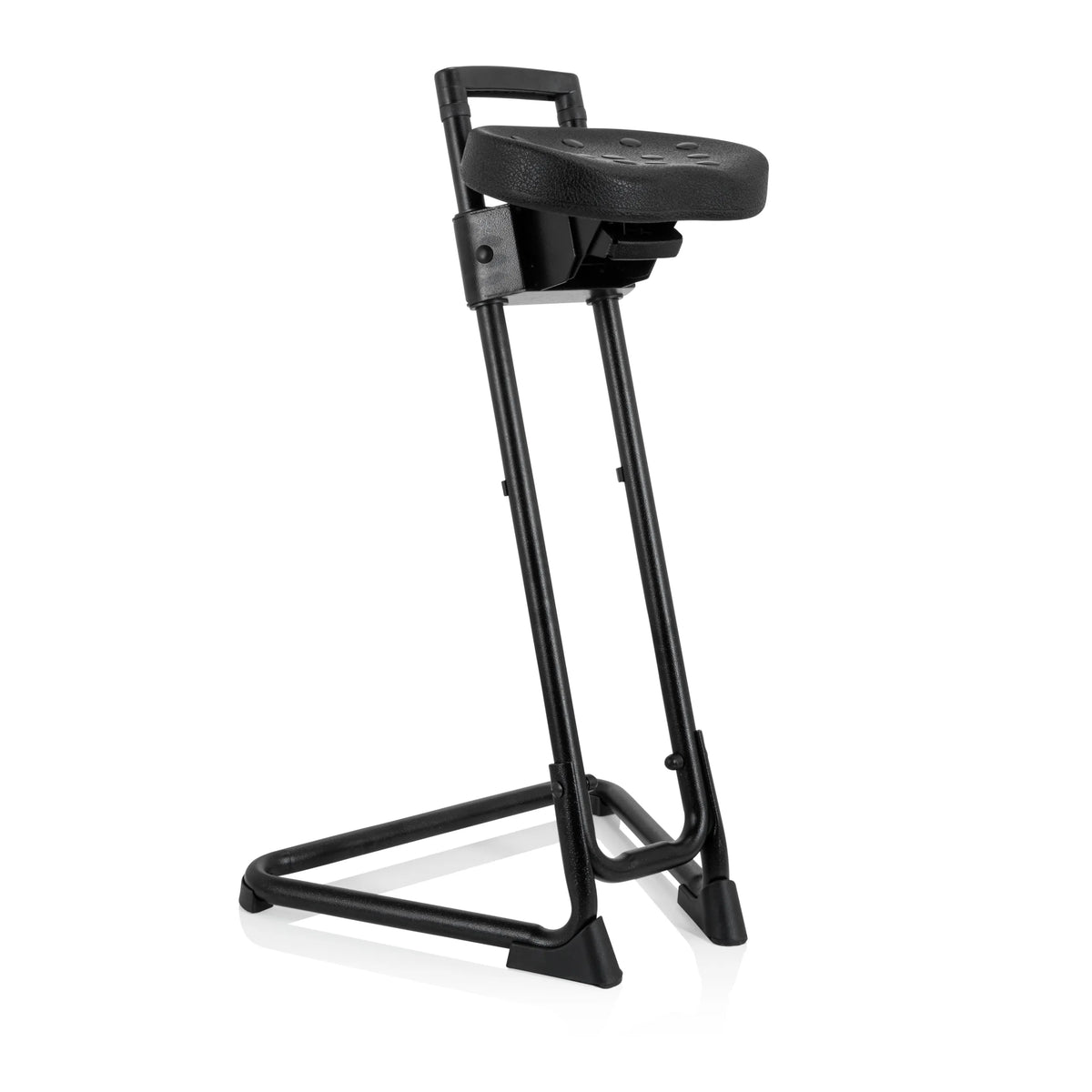 Ausilio per la posizione eretta TOP WORK 32 nero con seduta imbottita e base a U di hjh OFFICE – vista a 360° (vista frontale a tre quarti 40°)
