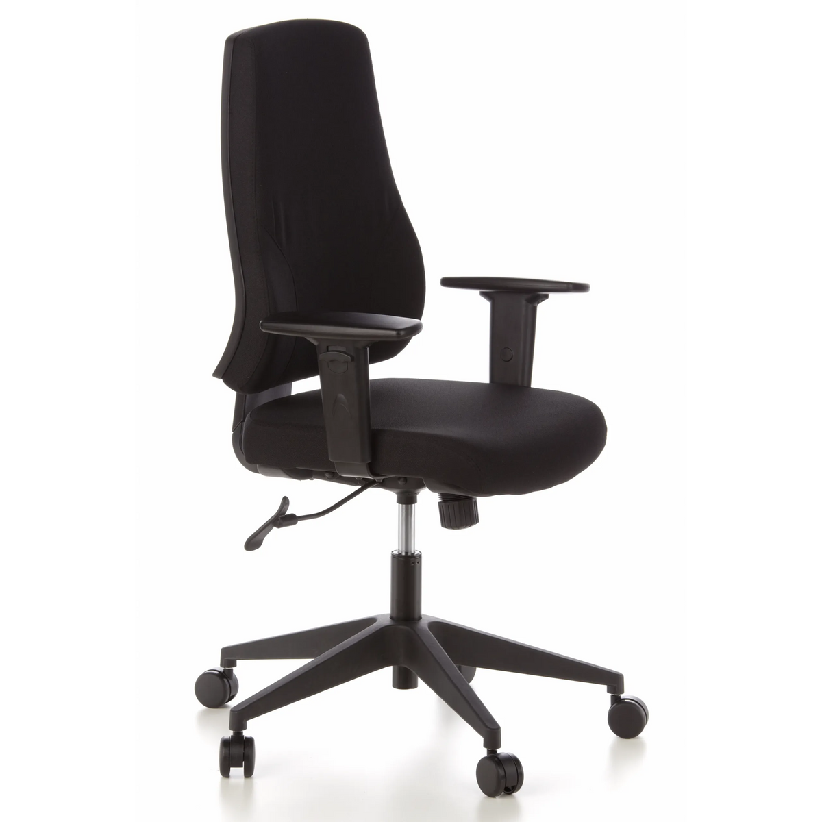Sedia da ufficio professionale PRO-TEC 100 nera con braccioli e base a cinque ruote di hjh OFFICE – vista a 360° (vista frontale a tre quarti 60°)