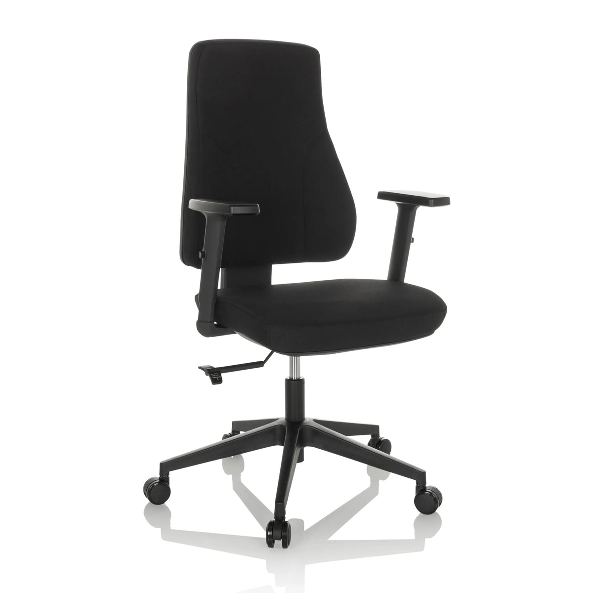 Sedia da ufficio professionale MATHES nera con braccioli e base a cinque ruote di hjh OFFICE – vista a 360° (vista frontale a tre quarti 30°)