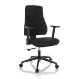 Sedia da ufficio professionale MATHES nera con braccioli e base a cinque ruote di hjh OFFICE – vista a 360° (vista frontale a tre quarti 30°)