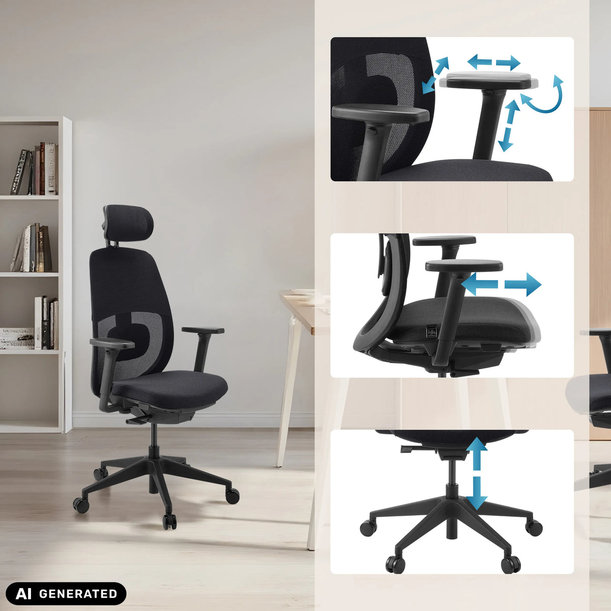 Braccioli e altezza del sedile regolabili della sedia da ufficio professionale Skandis Pro di hjh OFFICE (immagine generata dall’IA)