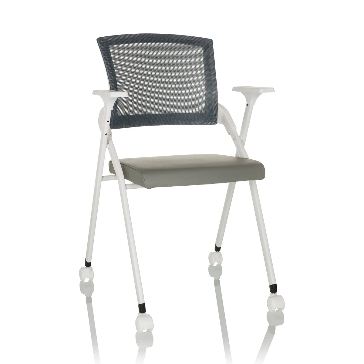 Sedia pieghevole PRIORITY II W PU grigia con schienale in rete, braccioli e ruote di hjh OFFICE – vista a 360° (vista frontale 15°)