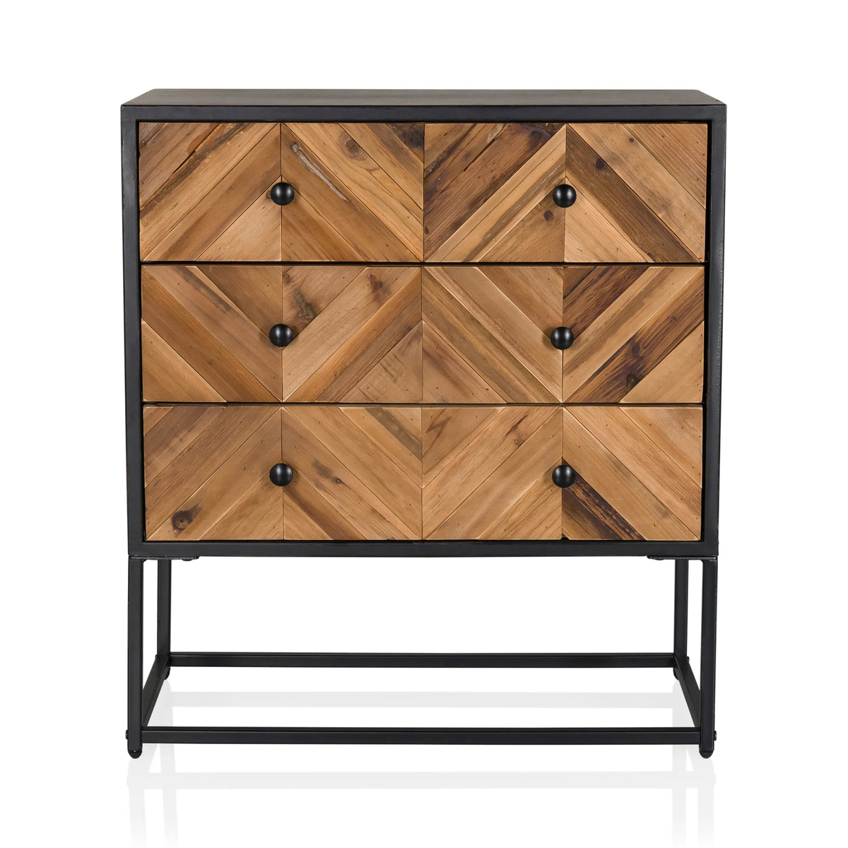 Madia SANTJAGO BLACK SUN L con tre cassetti in legno effetto spina di pesce e struttura nera di hjh LIVING