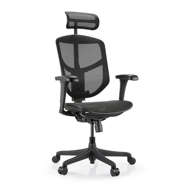 Sedia da ufficio Enjoy Eco MB nera con rivestimento in rete, poggiatesta e braccioli regolabili di hjh OFFICE