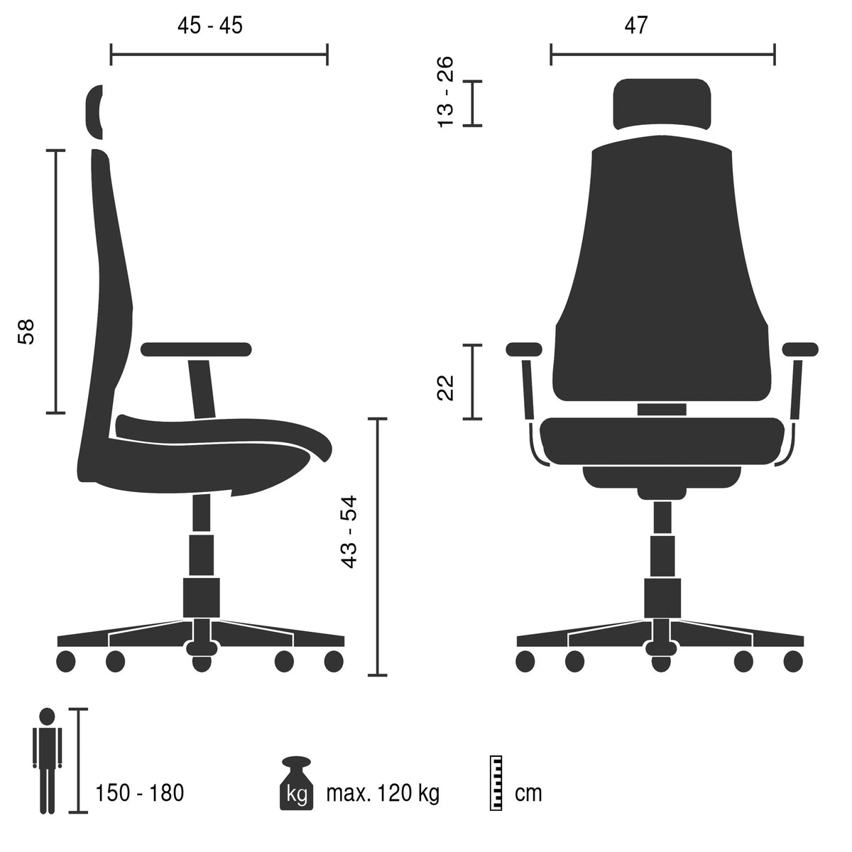 Disegno tecnico della Sedia Home Office Vertuflex con una portata massima di 120 kg di MyBuero