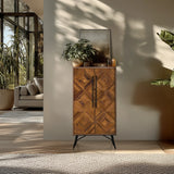 Cassettiera SANTJAGO WOOD HIGH in toni di legno marrone scuro con frontale a motivo a rombi e maniglie nere di hjh LIVING