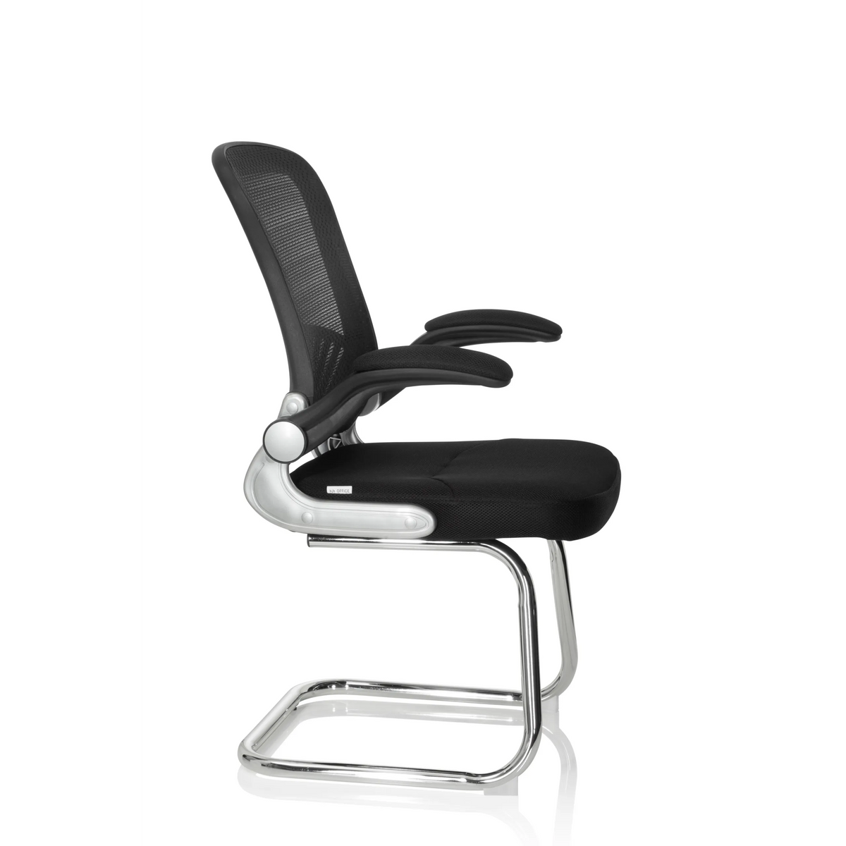 Sedia a sbalzo FLYER PRO V nera con schienale in rete, braccioli e base a slitta di hjh OFFICE – vista a 360° (profilo laterale 80°)