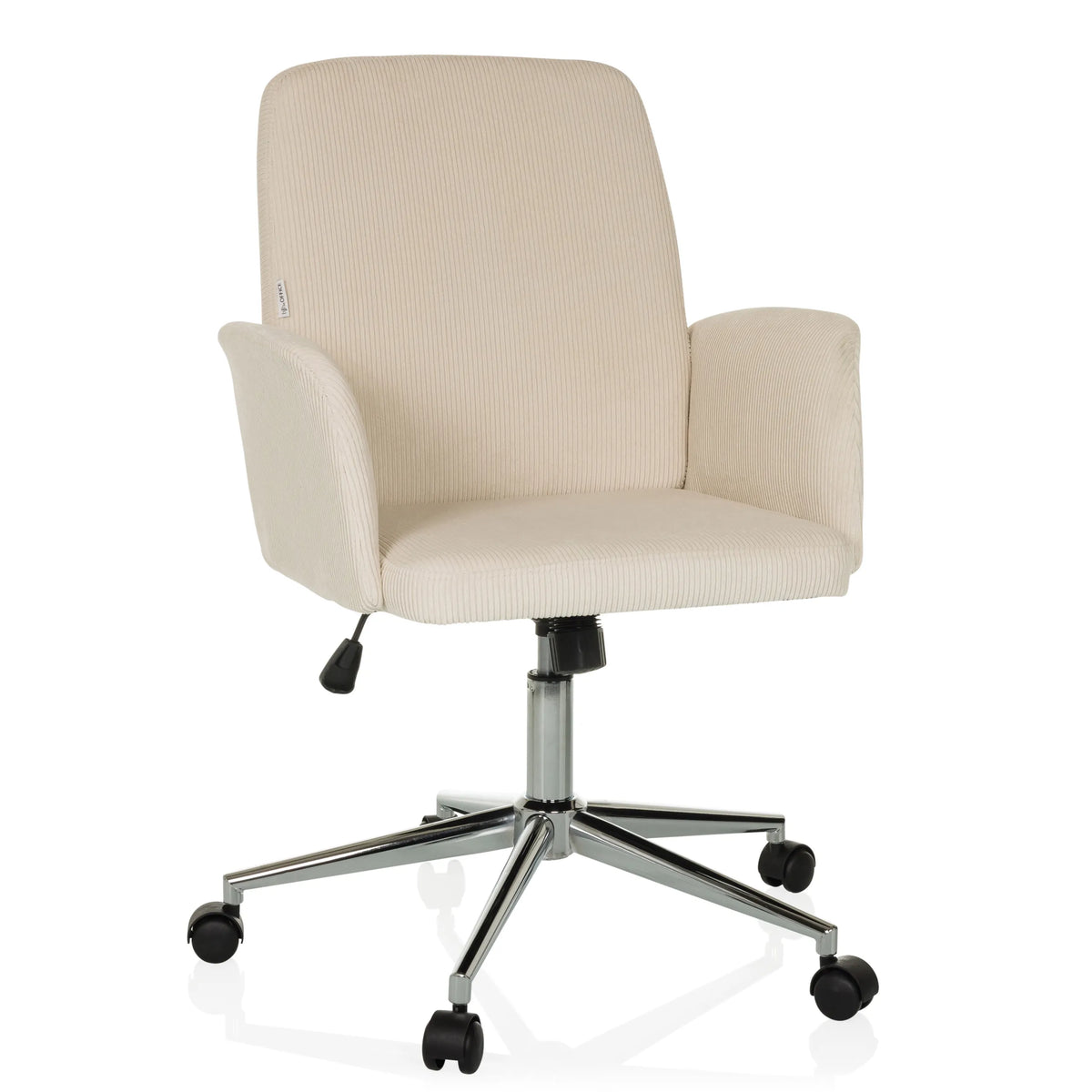 Sedia Home Office SOLAO CORD beige con rivestimento a coste e base a cinque ruote di hjh OFFICE – vista a 360° (vista frontale 15°)