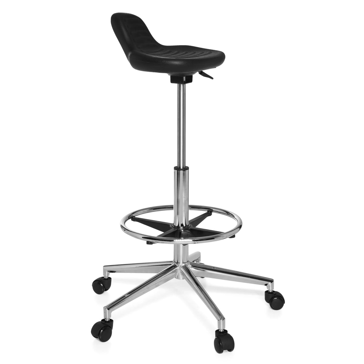 Sgabello girevole nero TOP WORK 03 con poggiapiedi e base a cinque ruote di hjh OFFICE – vista a 360° (vista frontale a tre quarti 60°)
