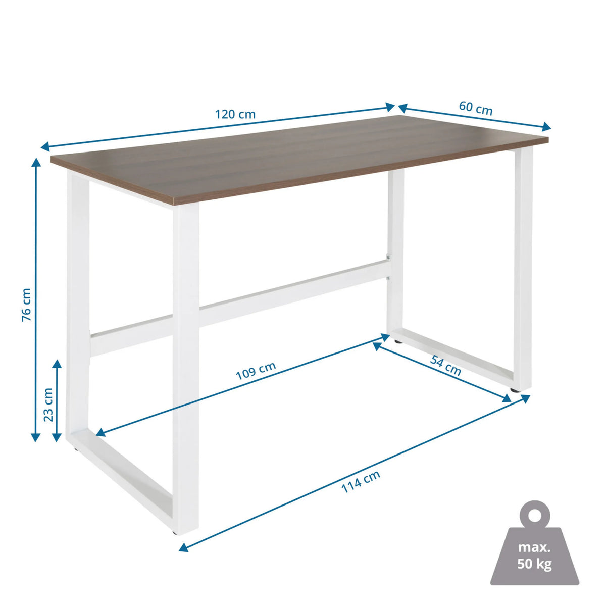 Disegno tecnico della Scrivania WORKSPACE LIGHT I in 120 x 60 cm con una portata massima di 50 kg di hjh OFFICE
