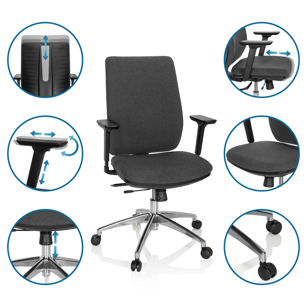 Sedia da ufficio professionale INTEGRIO I in grigio scuro con diverse possibilità di regolazione di hjh OFFICE