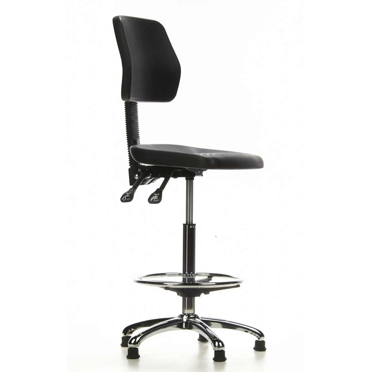 Sedia da banco TOP WORK 11 nera con poggiapiedi e base a cinque razze di hjh OFFICE – vista a 360° (vista frontale a tre quarti 60°)
