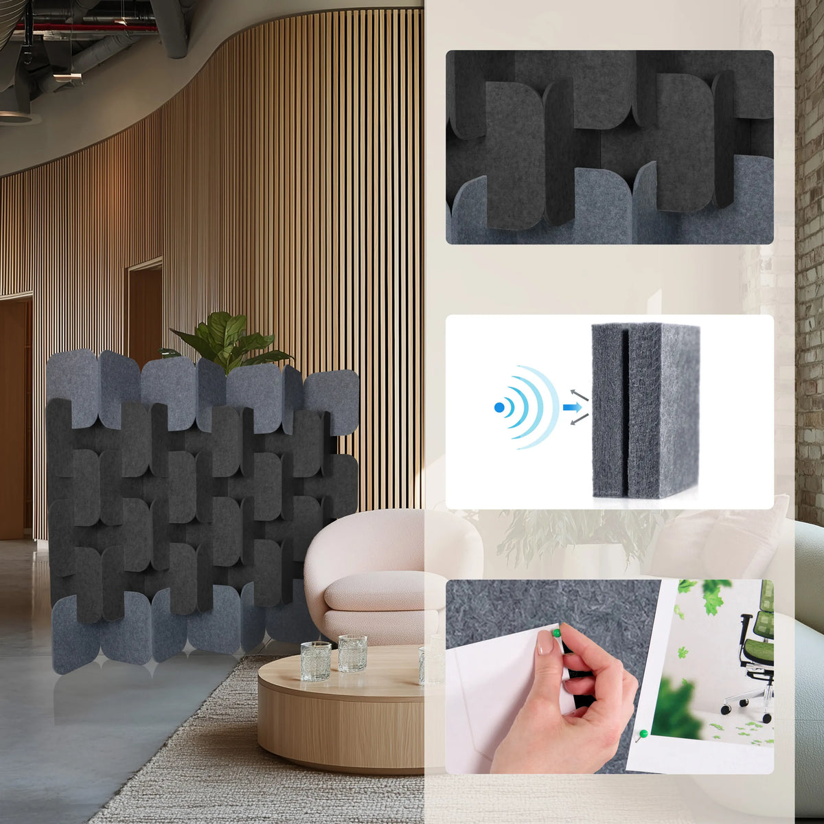 Pareti divisorie FLEXMIUT PLUG grigie e grigio scuro in diverse viste e dettagli di hjh OFFICE
