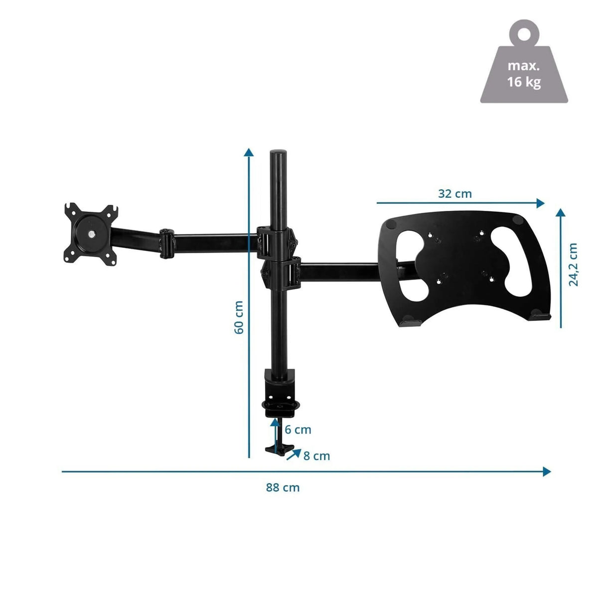 Disegno tecnico del Supporto per monitor VM-MH2 con una larghezza totale di 88 cm di hjh OFFICE