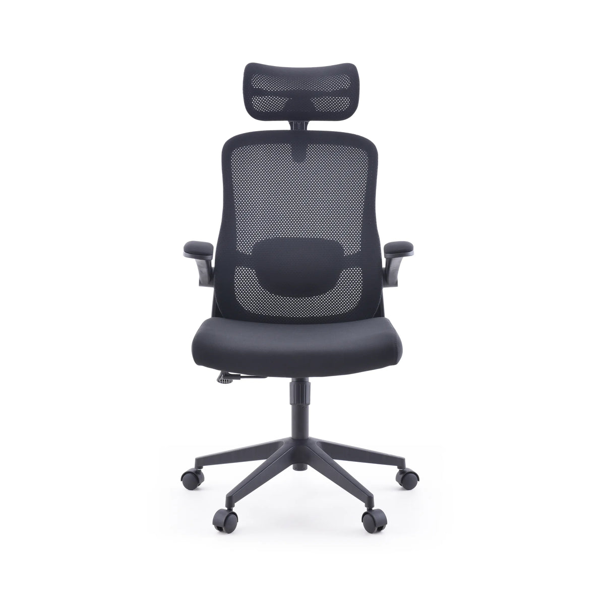 Sedia Home Office Vertuflex nera con schienale in rete e base a cinque ruote di MyBuero – vista a 360° (vista frontale 0°)