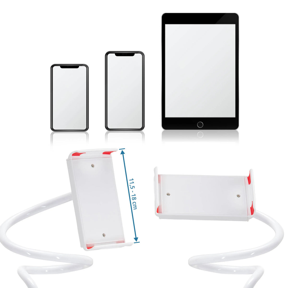 Supporto per cellulare e tablet FLEXMOBI I bianco con una larghezza di 11,5 - 18 cm di hjh OFFICE