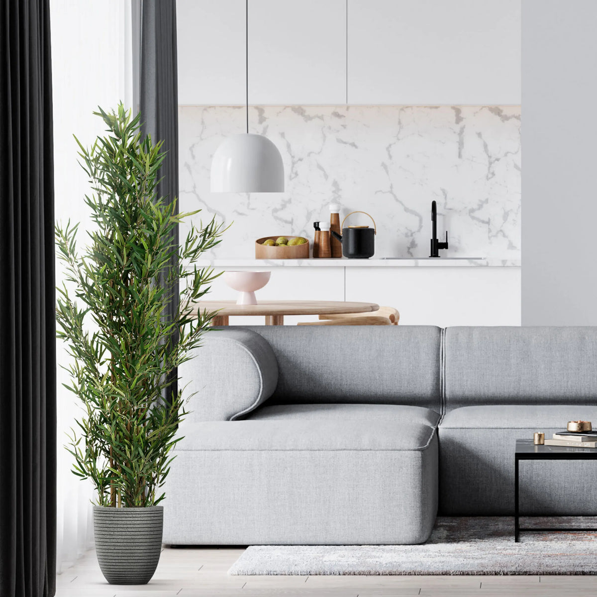 Piante artificiali BAMBUS di colore verde con un coprivaso grigio di hjh OFFICE